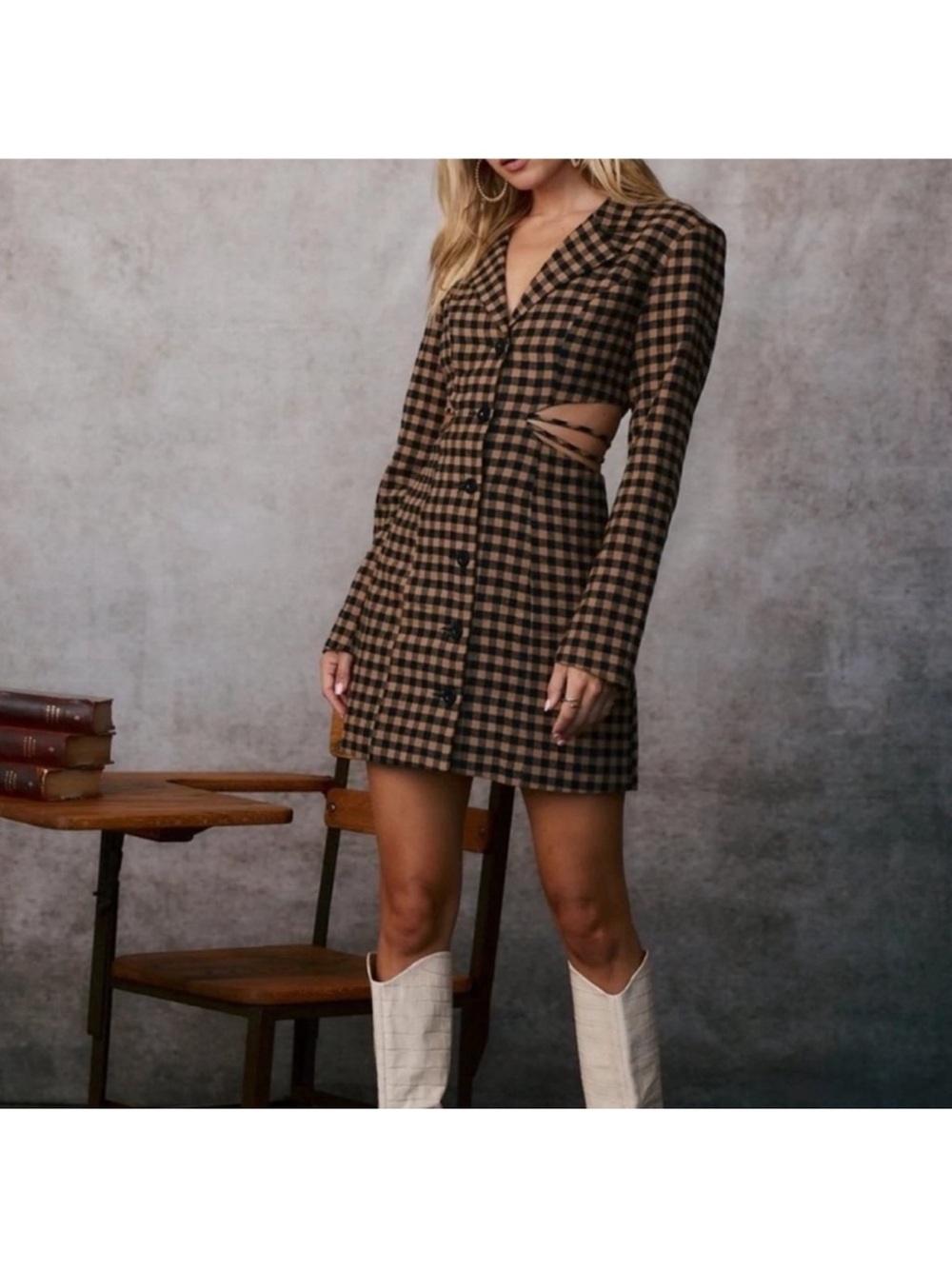 12th Tribe Brown and Black Checked Button-Front Mini Dress with Side Cutout